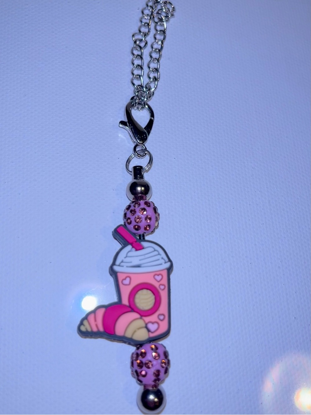 Pink Frapp w/Croissant Cup Charm with Sparkly Accents Keychain